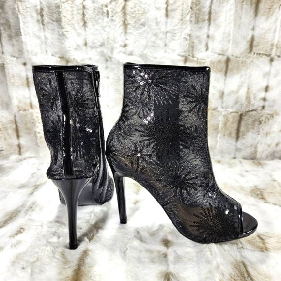 ☆ Mack J Black Mesh Starburst Sequin High Heel Ankle Boots - Picture 7 of 12